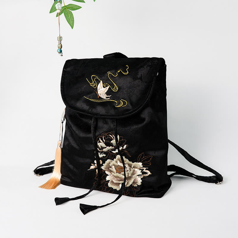 Buddha Stones Handgefertigter Rucksack aus Polyester-Baumwolle mit schwarzer Pfingstrose-Stickerei und großer Kapazität