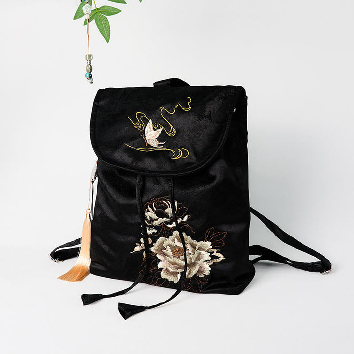 Buddha Stones Handgefertigter Rucksack aus Polyester-Baumwolle mit schwarzer Pfingstrose-Stickerei und großer Kapazität