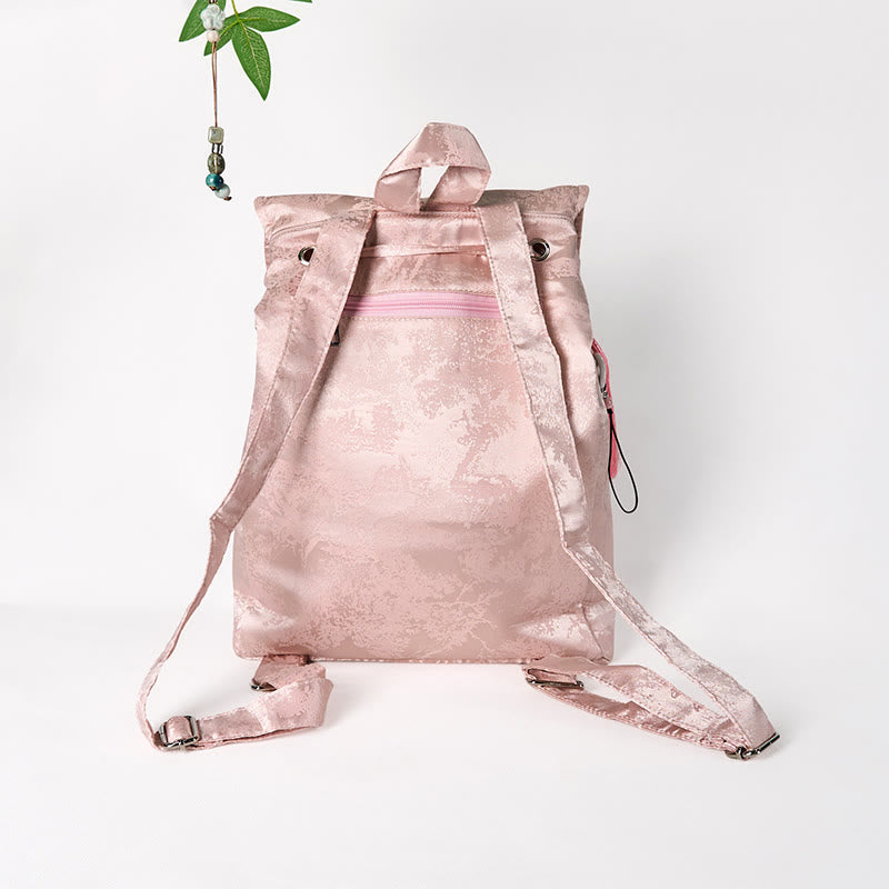 Handgemachter Rucksack aus Polyester-Baumwolle mit großer Kapazität und rosa Lotus-Stickerei von Buddha Stones