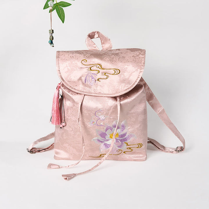 Handgemachter Rucksack aus Polyester-Baumwolle mit großer Kapazität und rosa Lotus-Stickerei von Buddha Stones