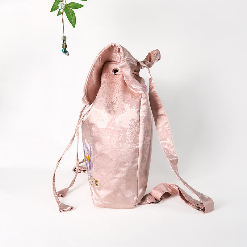 Handgemachter Rucksack aus Polyester-Baumwolle mit großer Kapazität und rosa Lotus-Stickerei von Buddha Stones