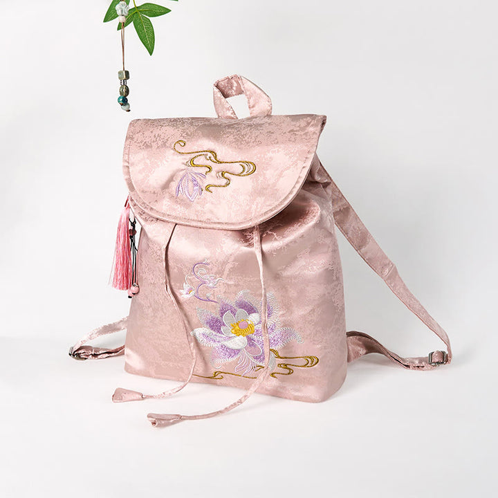 Handgemachter Rucksack aus Polyester-Baumwolle mit großer Kapazität und rosa Lotus-Stickerei von Buddha Stones