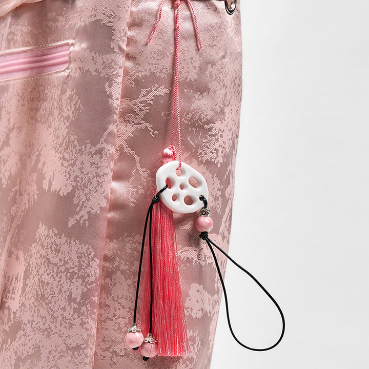 Handgemachter Rucksack aus Polyester-Baumwolle mit großer Kapazität und rosa Lotus-Stickerei von Buddha Stones