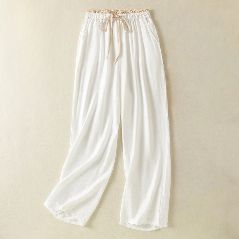 Buddha Stones Vintage Casual Pure Color Kordelzug Knöchellange Damenhose aus Baumwollleinen mit Taschen - Weiß - US8-10, UK/AU12-14, EU40-42 (2XL) - image 1