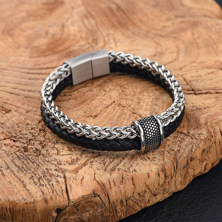 Buddha Stones Leder-Doppelschicht-Armband aus Titanstahl mit magnetischer Schnalle - Titanstahl - image 0