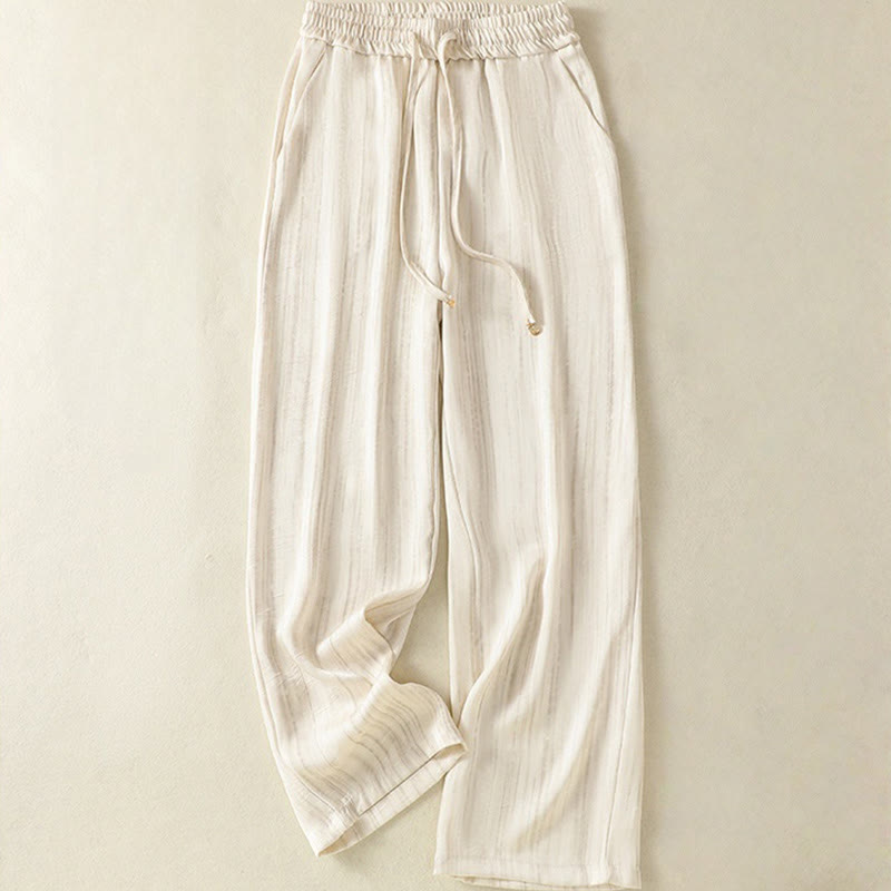 Buddha Stones Künstlerische lässige vertikale Linien Muster Kordelzug Knöchellange Damenhose mit Taschen - Beige - US 8-10, UK/AU 12-14, EU 40-42 (2XL) - image 0