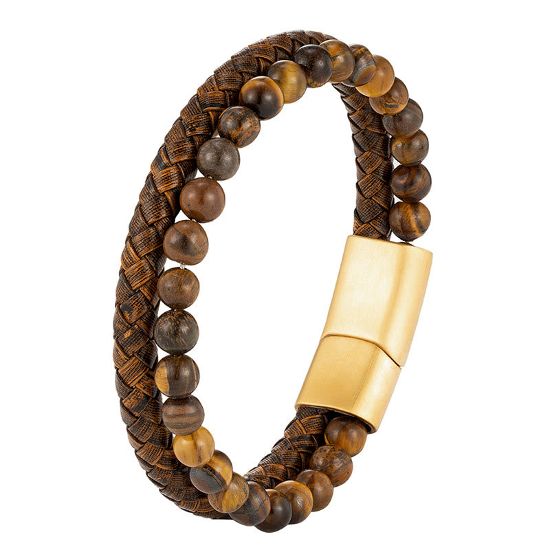 Buddha Stones Mehrschichtiges Armband mit Tigerauge-Steinperlen, Leder, Titanstahl und starker Schnalle - image 5