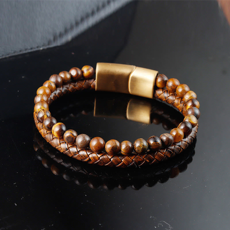 Buddha Stones Mehrschichtiges Armband mit Tigerauge-Steinperlen, Leder, Titanstahl und starker Schnalle - Tigerauge (Handgelenkumfang: 17–19 cm) - image 0
