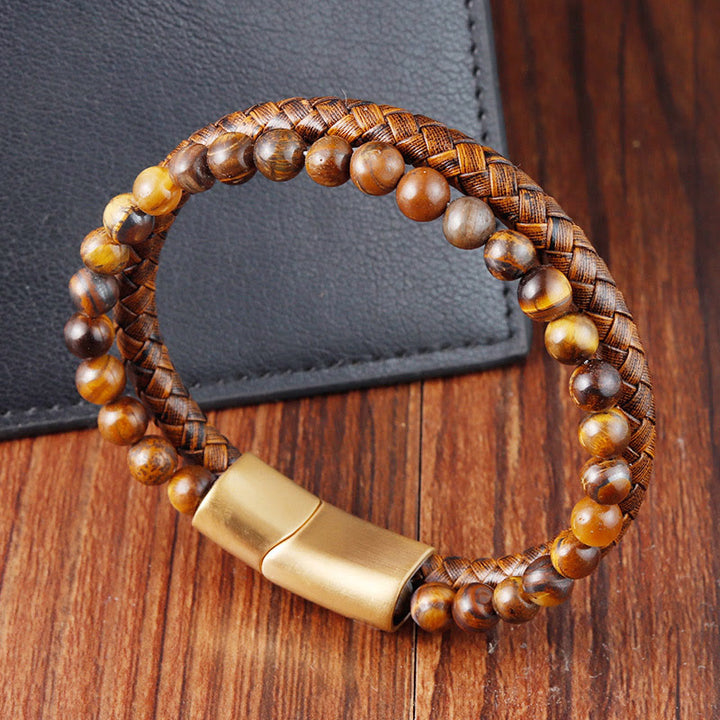 Buddha Stones Mehrschichtiges Armband mit Tigerauge-Steinperlen, Leder, Titanstahl und starker Schnalle - image 3