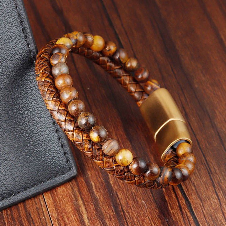 Buddha Stones Mehrschichtiges Armband mit Tigerauge-Steinperlen, Leder, Titanstahl und starker Schnalle - image 3