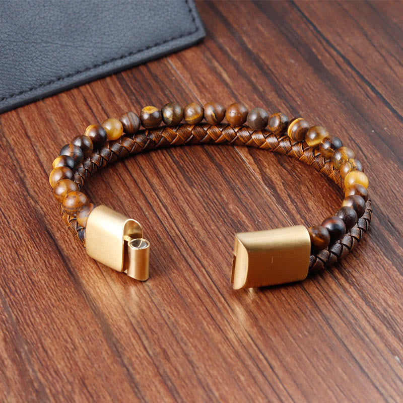 Buddha Stones Mehrschichtiges Armband mit Tigerauge-Steinperlen, Leder, Titanstahl und starker Schnalle - image 5