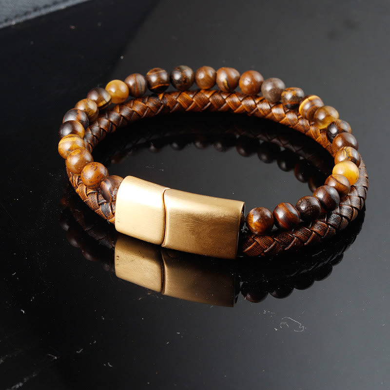 Buddha Stones Mehrschichtiges Armband mit Tigerauge-Steinperlen, Leder, Titanstahl und starker Schnalle - image 1