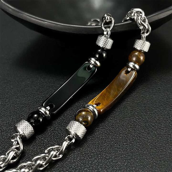 Buddha Stones Tigerauge Schwarzer Obsidian Stein Titanstahl Stärke Schnalle Armband