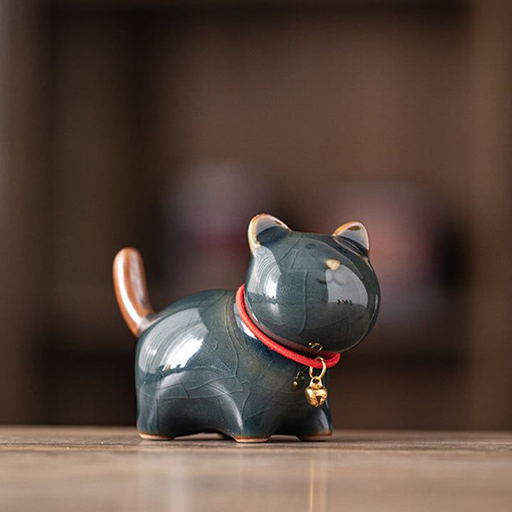 Buddha Stones, Mini-Glückskatze, süße stehende Katze, rotes Seil, Glocke, Keramikfigur, Dekoration - Dunkelblau (7,6 x 3,9 x 5,6 cm) - image 19