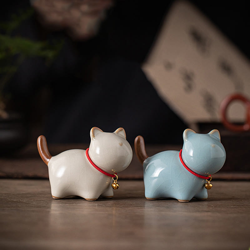 Buddha Stones, Mini-Glückskatze, süße stehende Katze, rotes Seil, Glocke, Keramikfigur, Dekoration - image 0