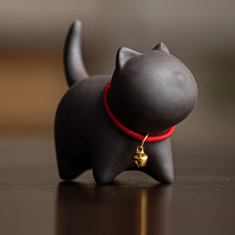 Buddha Stones ​​Mini Schöne Rote Seil Glocke Katze Tee Haustier Lila Ton Figurine Schreibtisch Dekoration - Schwarze Katze (6,7 x 5,0 x 5,7 cm) - image 8