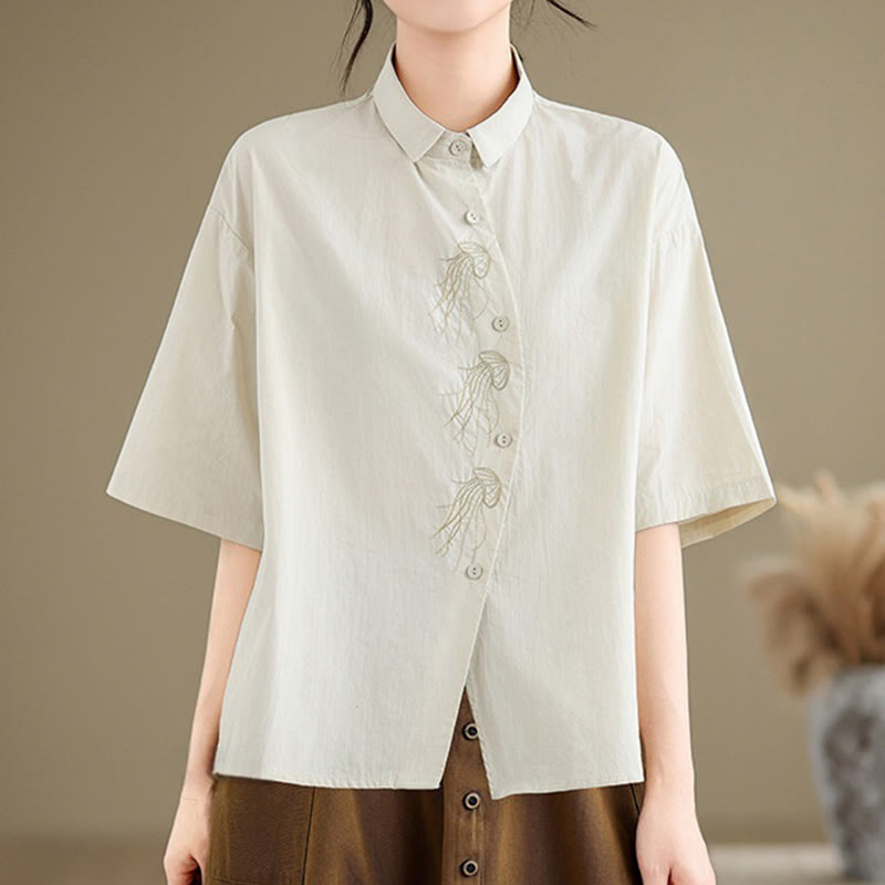 Buddha Stones Lässiges Damen-Baumwollhemd mit gesticktem Quallenmuster, Stehkragen, Knopfdesign, halblangen Ärmeln - Beige - US14, UK/AU18, EU46 (2XL) - image 0