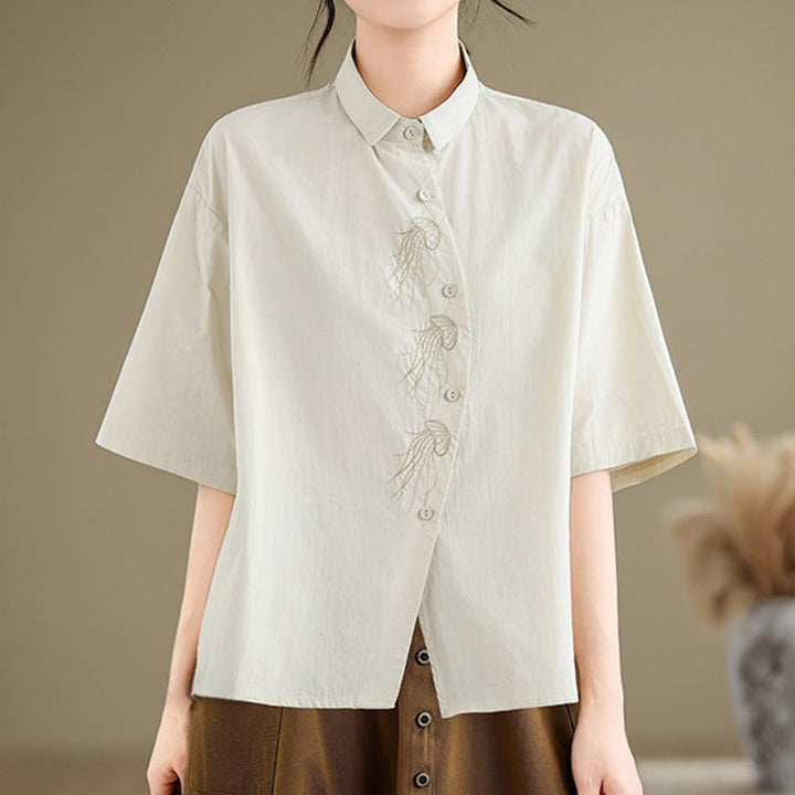 Buddha Stones Lässiges Damen-Baumwollhemd mit gesticktem Quallenmuster, Stehkragen, Knopfdesign, halblangen Ärmeln - Beige - US14, UK/AU18, EU46 (2XL) - image 0