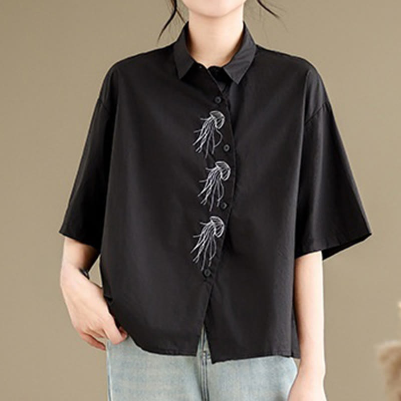 Buddha Stones Lässiges Damen-Baumwollhemd mit gesticktem Quallenmuster, Stehkragen, Knopfdesign, halblangen Ärmeln - Schwarz - US14, UK/AU18,EU46 (2XL) - image 17