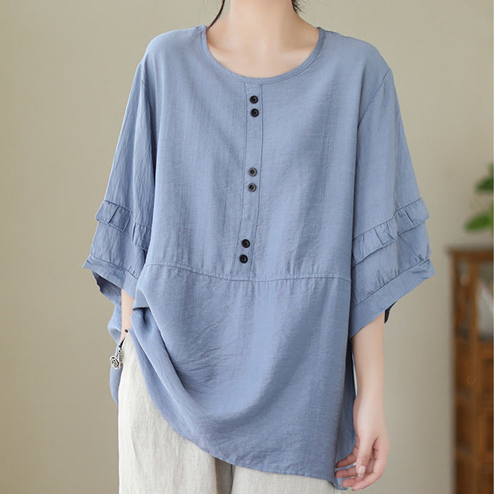 Buddha Stones Lässiges Sommer-T-Shirt aus schlichtem Polyester mit Rundhalsausschnitt für Damen - image 3