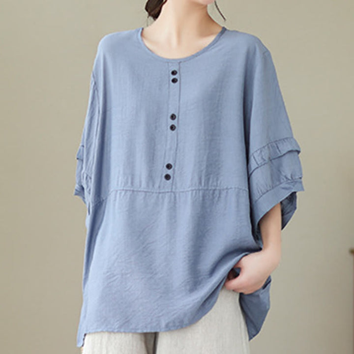 Buddha Stones Lässiges Sommer-T-Shirt aus schlichtem Polyester mit Rundhalsausschnitt für Damen - image 4