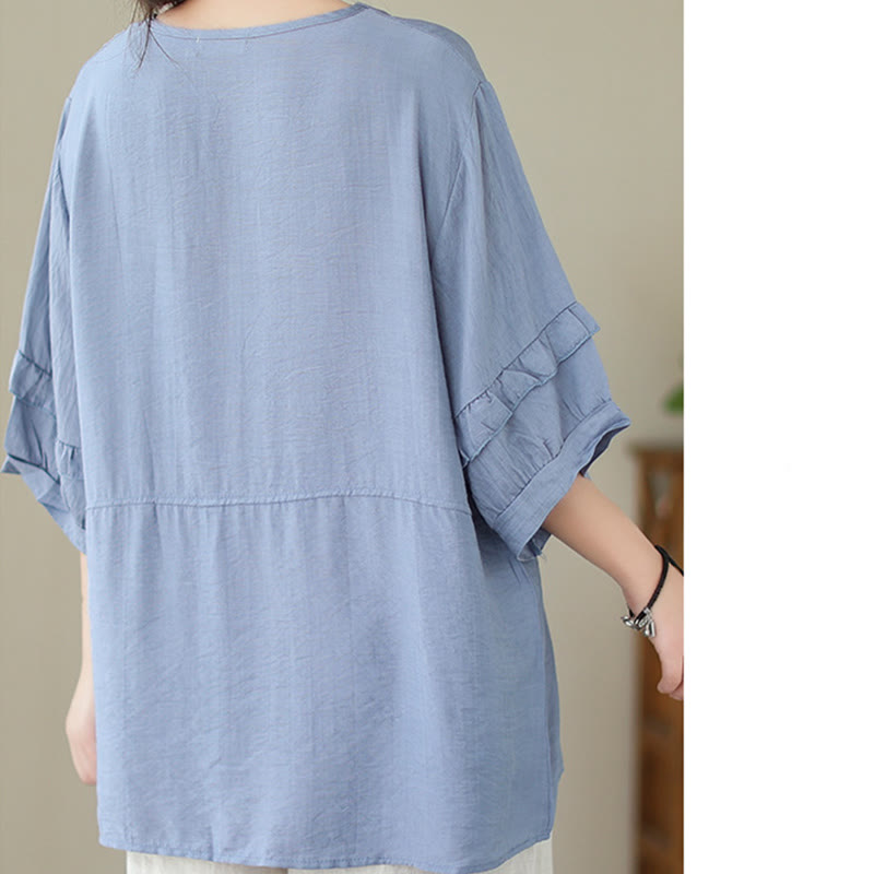 Buddha Stones Lässiges Sommer-T-Shirt aus schlichtem Polyester mit Rundhalsausschnitt für Damen - image 5