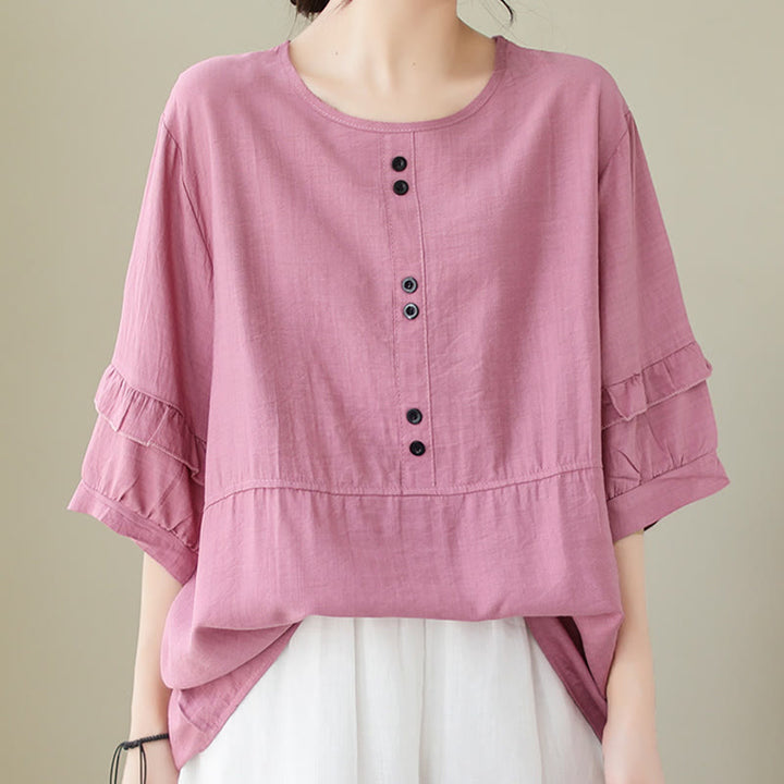 Buddha Stones Lässiges Sommer-T-Shirt aus schlichtem Polyester mit Rundhalsausschnitt für Damen - image 9