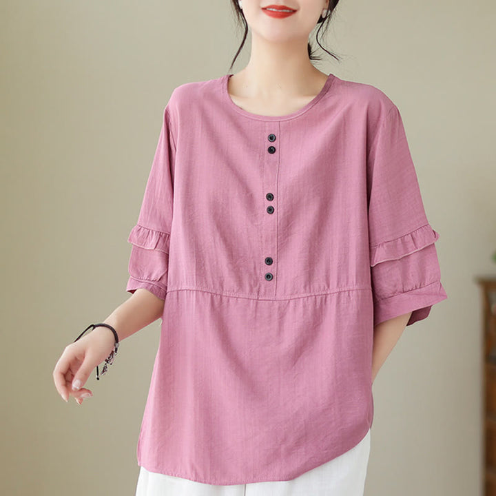 Buddha Stones Lässiges Sommer-T-Shirt aus schlichtem Polyester mit Rundhalsausschnitt für Damen - image 11