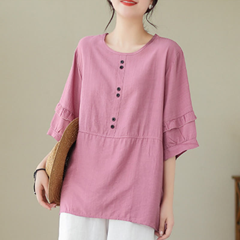 Buddha Stones Lässiges Sommer-T-Shirt aus schlichtem Polyester mit Rundhalsausschnitt für Damen - image 15