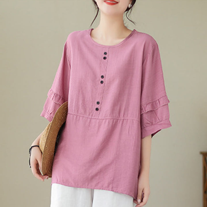 Buddha Stones Lässiges Sommer-T-Shirt aus schlichtem Polyester mit Rundhalsausschnitt für Damen - image 15