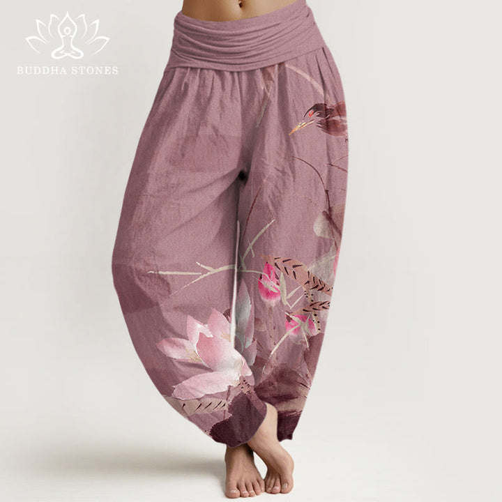 Haremshose mit elastischer Taille und Buddha Stones, rosa Lotusblätter, Vogelmuster für Damen - BlassViolettRot - US22， UK/AU26，EU54 (6XL) - image 8