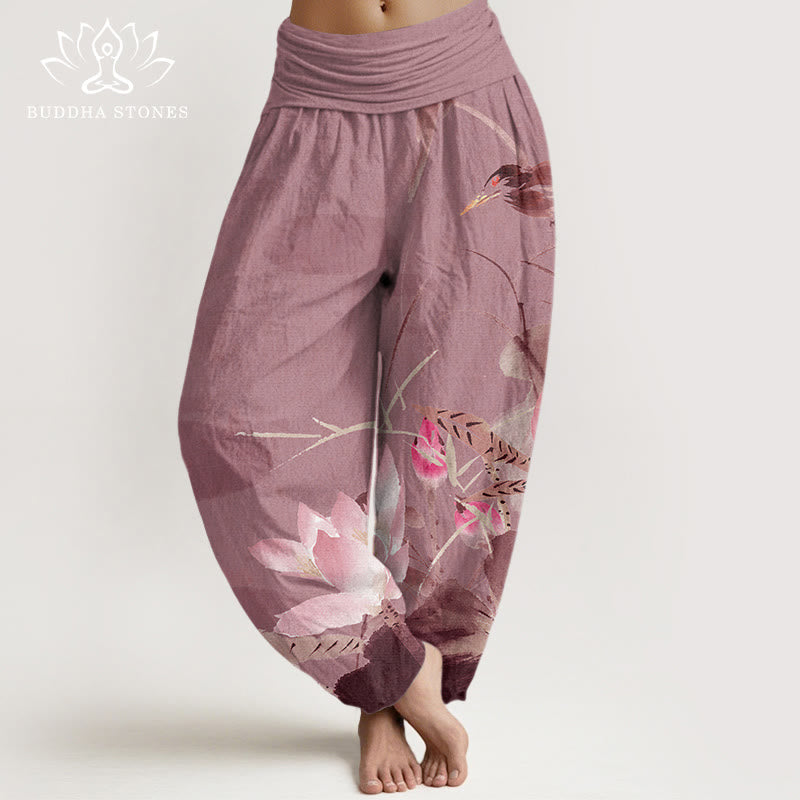 Haremshose aus Baumwolle mit Buddha Stones , rosa Lotusblättern und Vogelmuster, elastischem Bund für Damen - Blassviolettrot - US22, UK/AU26, EU54 (6XL) - image 7