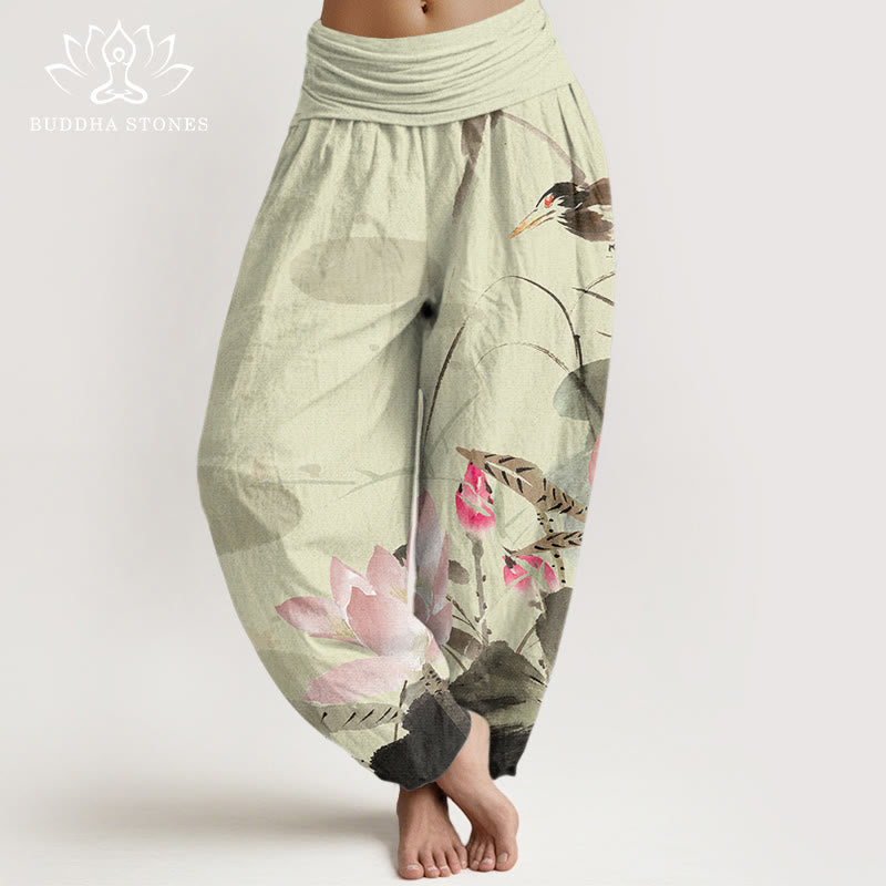 Haremshose mit elastischer Taille und Buddha Stones, rosa Lotusblätter, Vogelmuster für Damen - Khaki - US22， UK/AU26，EU54 (6XL) - image 1