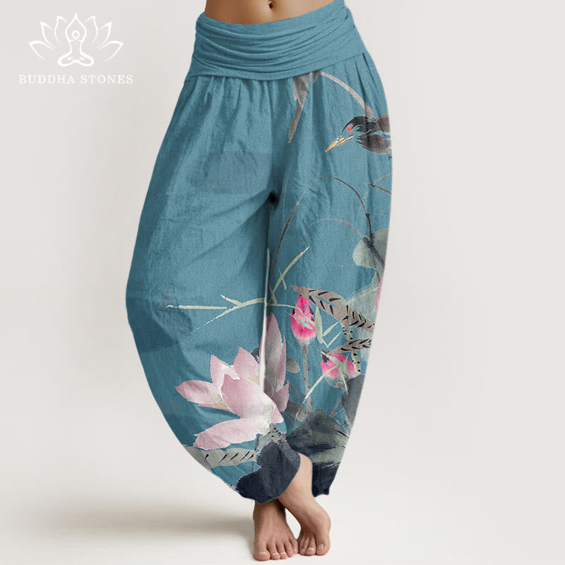Haremshose aus Baumwolle mit Buddha Stones , rosa Lotusblättern und Vogelmuster, elastischem Bund für Damen - Dunkeltürkis - US22, UK/AU26, EU54 (6XL) - image 4