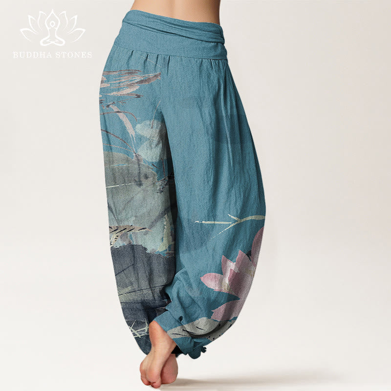 Haremshose mit elastischer Taille und Buddha Stones, rosa Lotusblätter, Vogelmuster für Damen - image 7