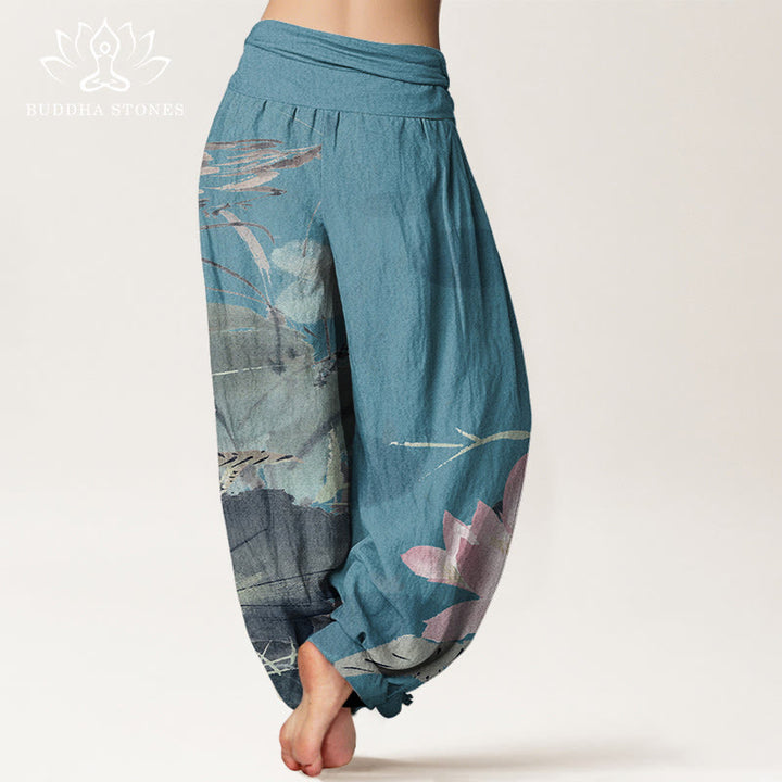 Haremshose mit elastischer Taille und Buddha Stones, rosa Lotusblätter, Vogelmuster für Damen - image 7