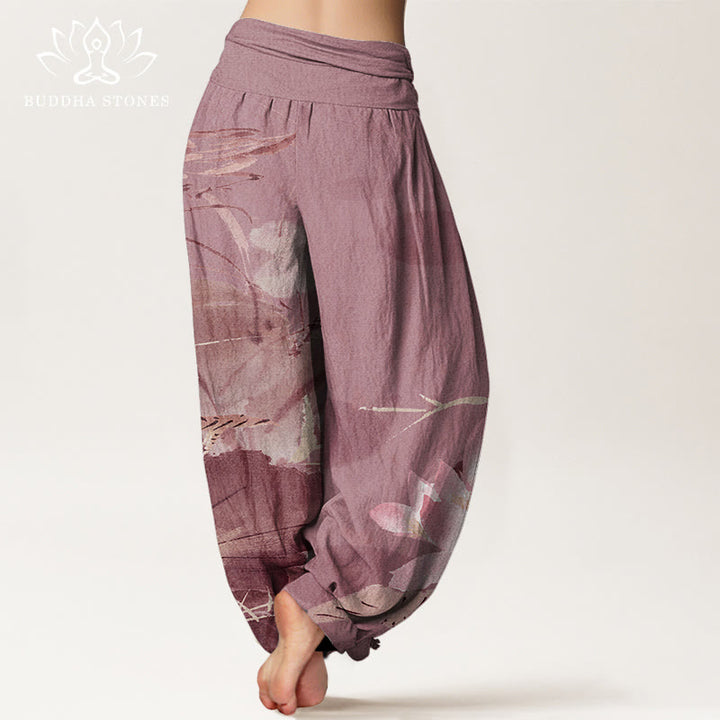 Haremshose mit elastischer Taille und Buddha Stones, rosa Lotusblätter, Vogelmuster für Damen - image 10