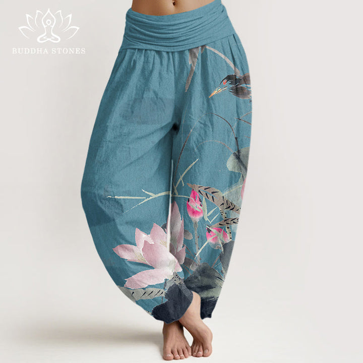 Haremshose aus Baumwolle mit Buddha Stones , rosa Lotusblättern und Vogelmuster, elastischem Bund für Damen - Dunkeltürkis - US22, UK/AU26, EU54 (6XL) - image 4