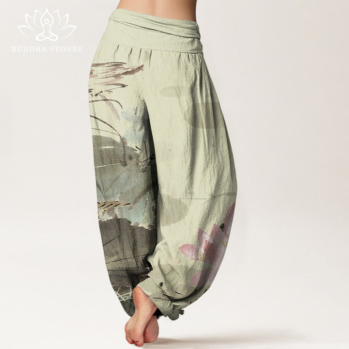 Haremshose mit elastischer Taille und Buddha Stones, rosa Lotusblätter, Vogelmuster für Damen - image 3