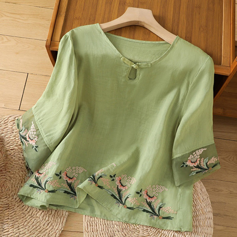 Buddha Stones Lässiges Damen-Hemd aus Polyester mit Blumenstickerei und Rundhalsausschnitt und Froschknopf - Gelbgrün - US 8-10, UK/AU 12-14, EU 40-42 (2XL) - image 0