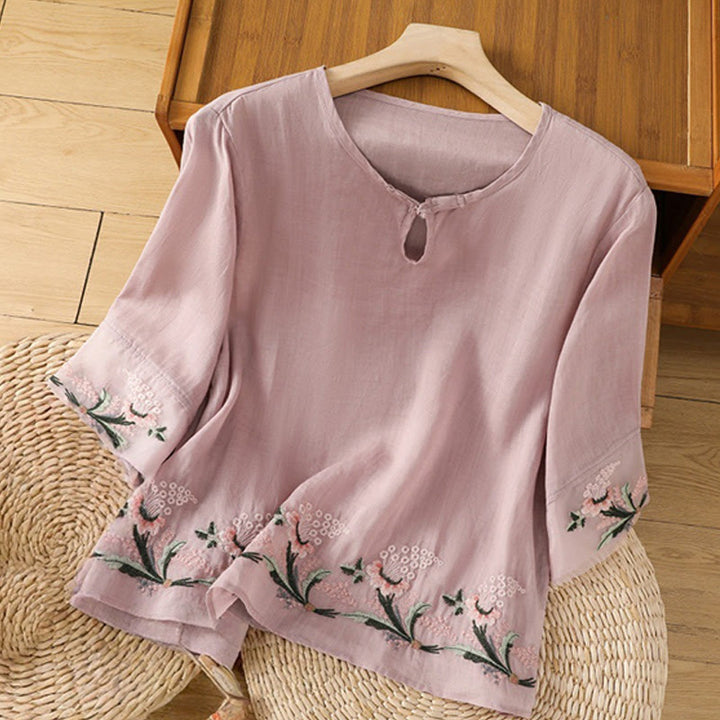 Buddha Stones Lässiges Damen-Hemd aus Polyester mit Blumenstickerei und Rundhalsausschnitt und Froschknopf - Pflaume - US 8-10, UK/AU 12-14, EU 40-42 (2XL) - image 15