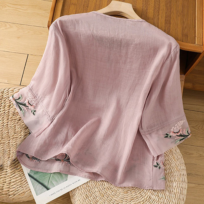 Buddha Stones Lässiges Damen-Hemd aus Polyester mit Blumenstickerei und Rundhalsausschnitt und Froschknopf - image 16