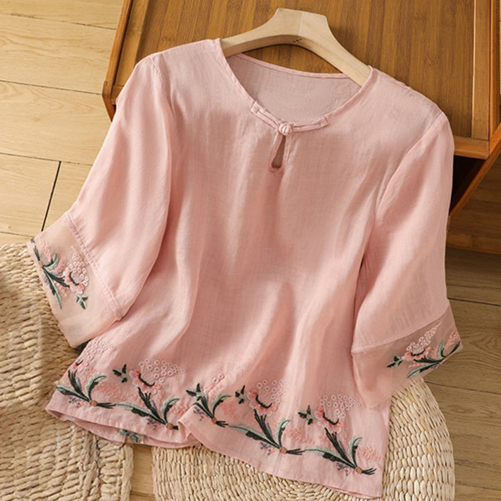 Buddha Stones Lässiges Damen-Hemd aus Polyester mit Blumenstickerei und Rundhalsausschnitt und Froschknopf - Rosa - US 8-10, UK/AU 12-14, EU 40-42 (2XL) - image 21
