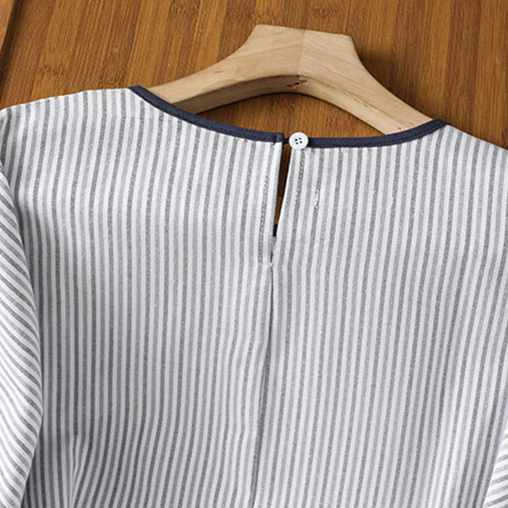 Buddha Stones Pullover Streifen Rundhalsausschnitt Design Damen Baumwolle Kurzarm Shirt - image 4