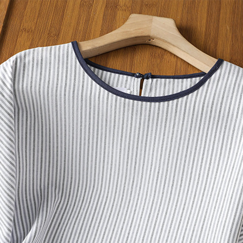 Buddha Stones Pullover Streifen Rundhalsausschnitt Design Damen Baumwolle Kurzarm Shirt - image 2