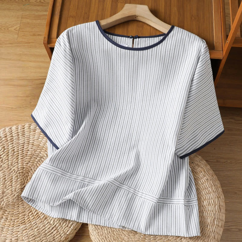 Buddha Stones Pullover Streifen Rundhalsausschnitt Design Damen Baumwolle Kurzarm Shirt - Hellblau - US 8-10, UK/AU 12-14, EU 40-42 (2XL) - image 0