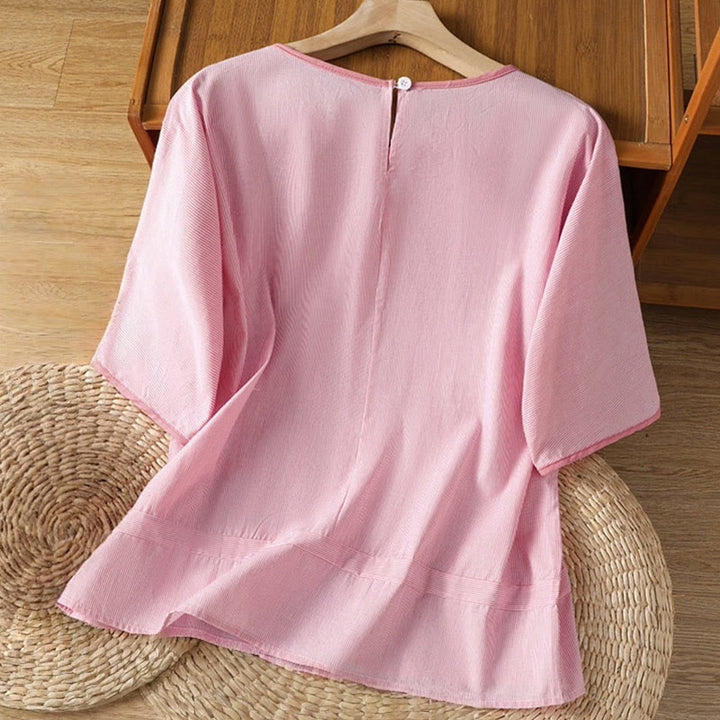 Buddha Stones Pullover Streifen Rundhalsausschnitt Design Damen Baumwolle Kurzarm Shirt - image 8
