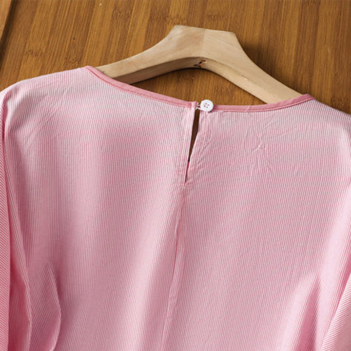 Buddha Stones Pullover Streifen Rundhalsausschnitt Design Damen Baumwolle Kurzarm Shirt - image 10