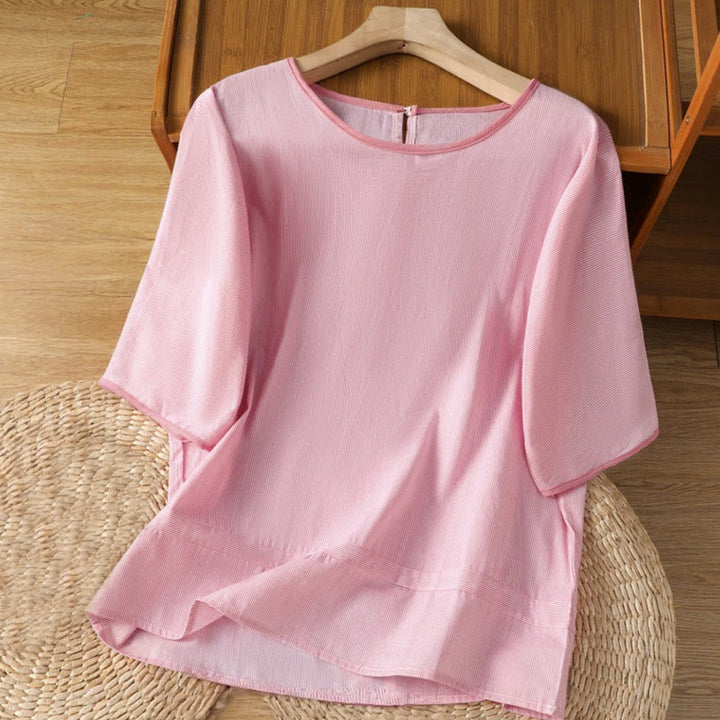 Buddha Stones Pullover Streifen Rundhalsausschnitt Design Damen Baumwolle Kurzarm Shirt - Hellrosa - US 8-10, UK/AU 12-14, EU 40-42 (2XL) - image 6
