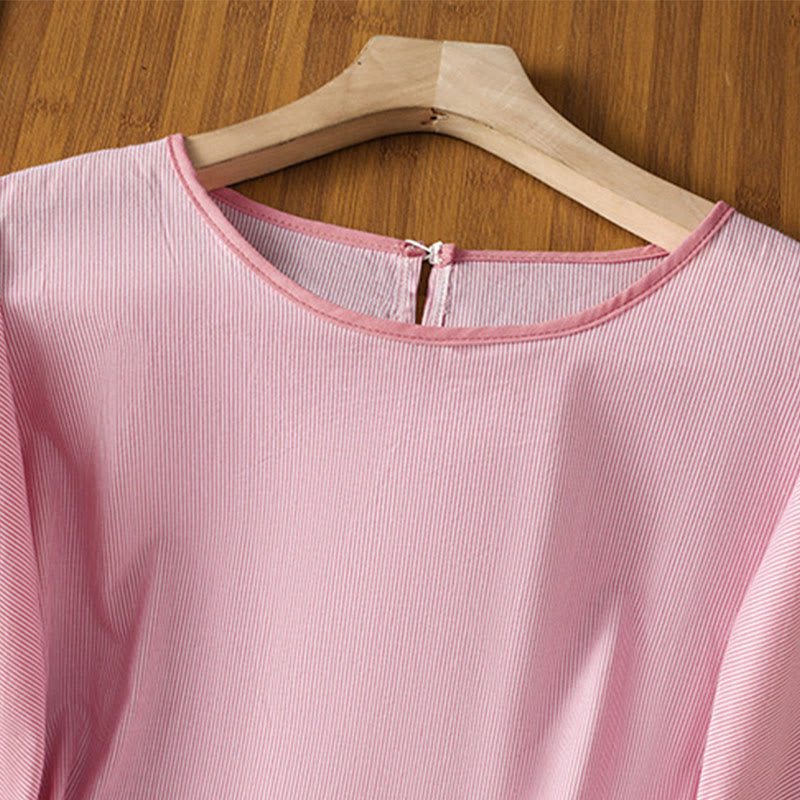 Buddha Stones Pullover Streifen Rundhalsausschnitt Design Damen Baumwolle Kurzarm Shirt - image 8